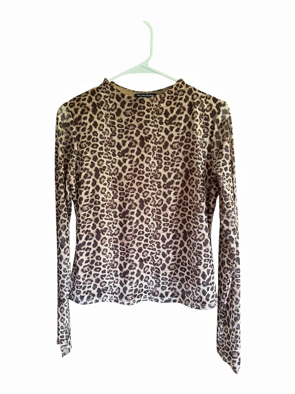 See You Monday Double Layered Leopard Print Mesh Long Sleeve Top S
